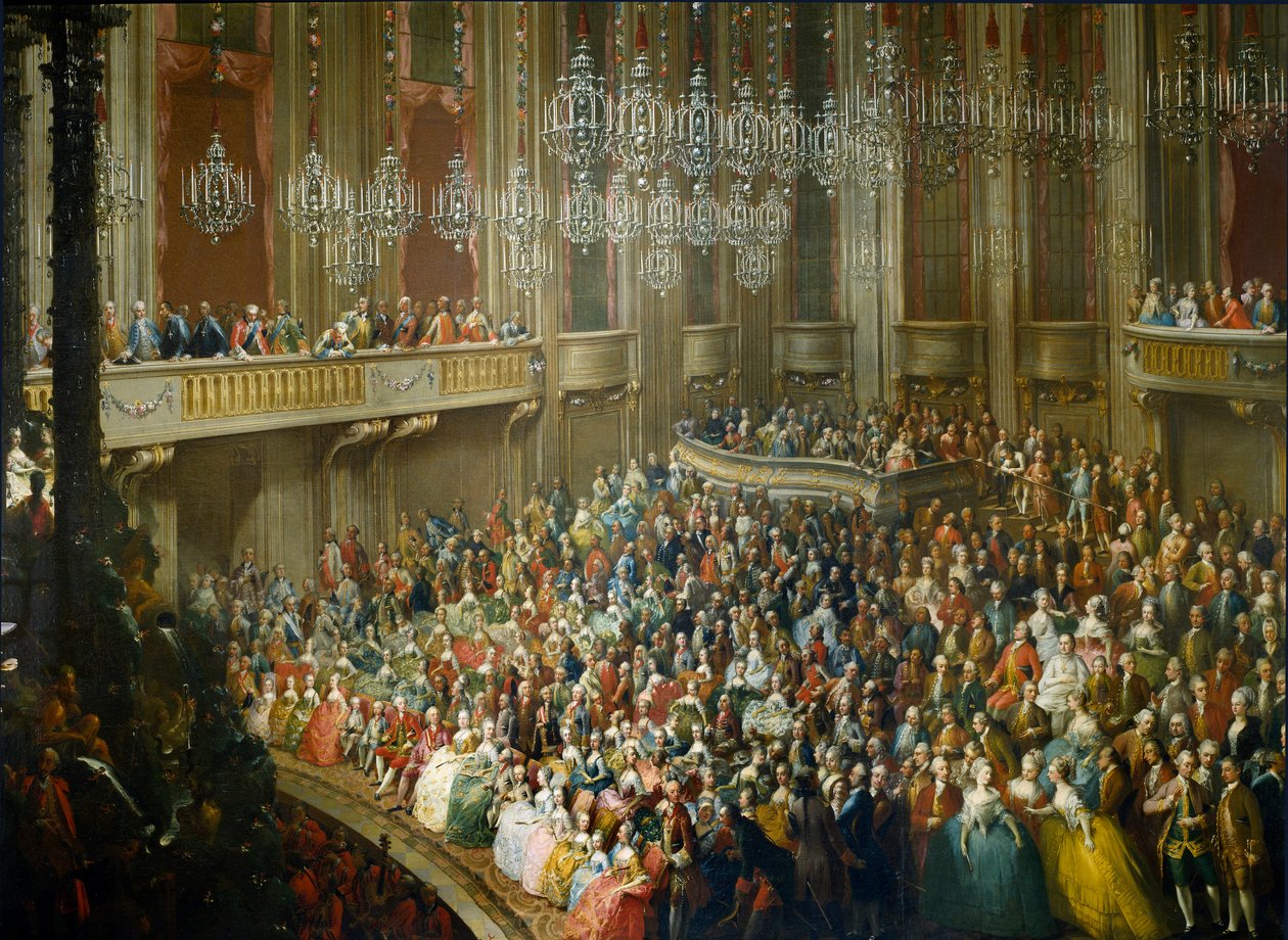 Festa dada em honra de Maria Teresa da Áustria (1717-1780), José II (1741-1790) que se tornou imperador e esposa de Isabel de Parma (Bourbon-Parma) (Bourbon Parma) em 10/10/1760 está presente o jovem Wolfgang Amadeus Mozart (1756-1791). Pintura do Sc de Martin II (school of) Mytens or Meytens