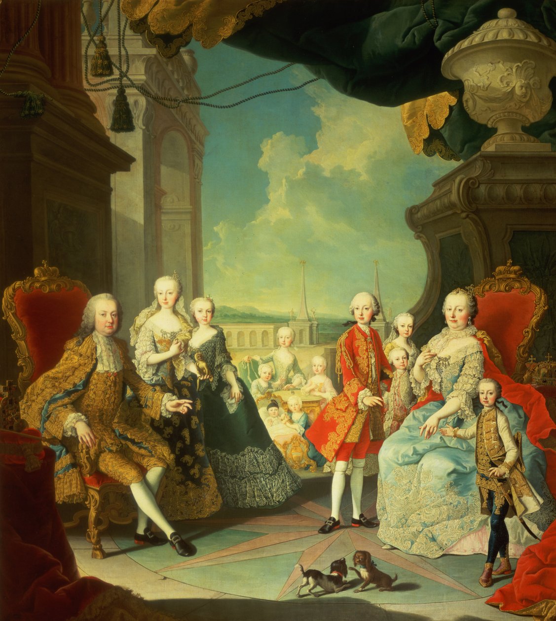 Maria Theresa e seu marido na escadaria que leva do Grande Salão de Schloss Schonbrunn para o grande pátio, com seus filhos José II, Karl, Leopold II, Fernando, Mariana, Elizabet de Martin II Mytens or Meytens