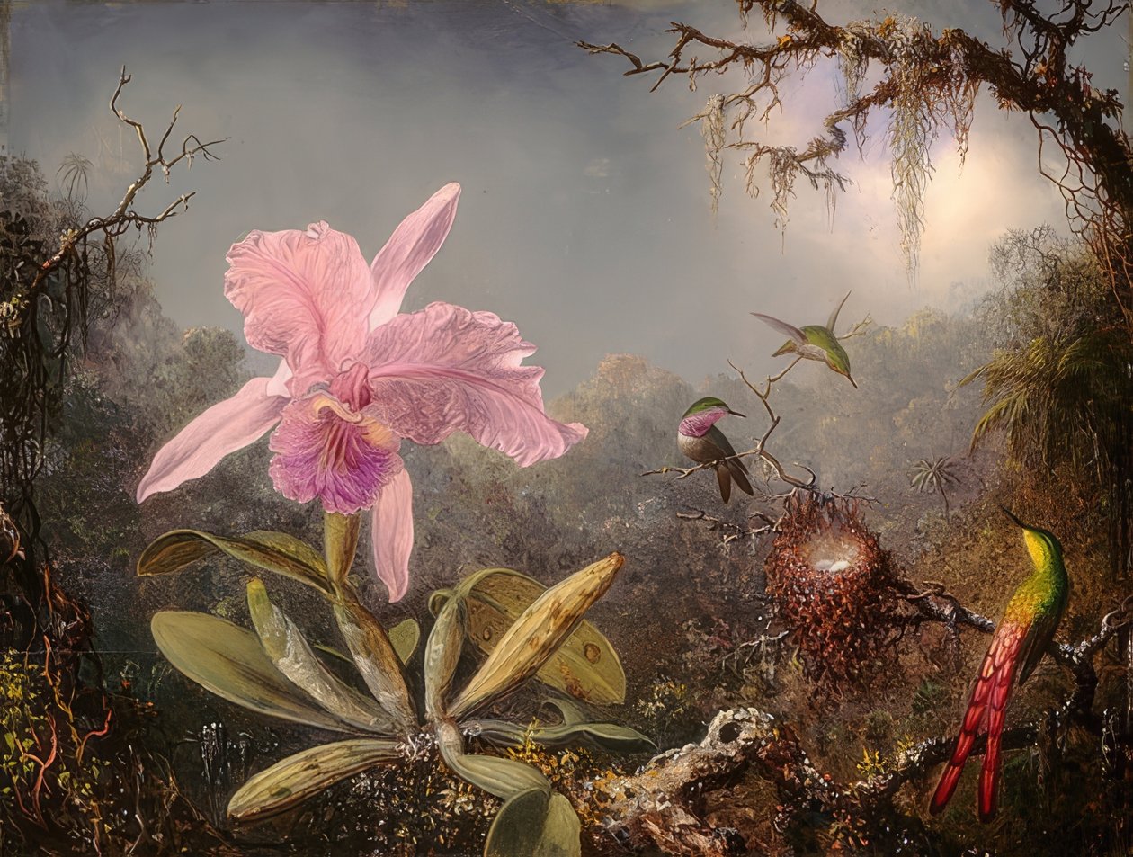 Orquídea Cattleya e três beija-flores. 1871 de Martin Johnson Heade