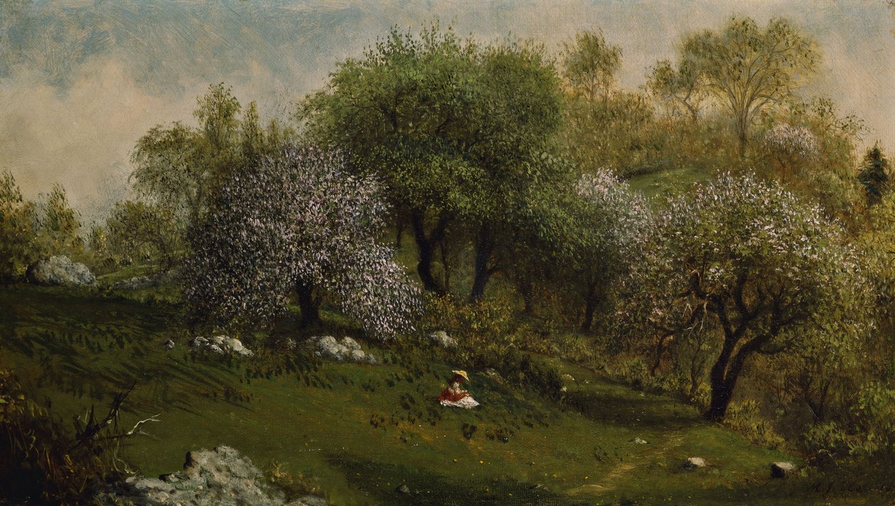 Garota em uma encosta, flores de macieira de Martin Johnson Heade