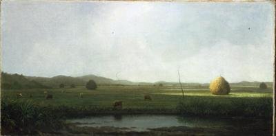 Cena Marshene: Gado perto de uma sela de feno (óleo sobre tela) de Martin Johnson Heade