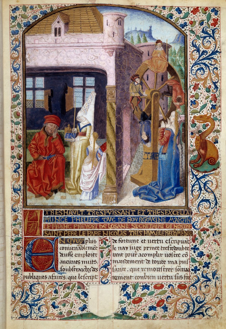 Alegoria da Fortuna: representação de uma jovem mulher perto de uma roda da Fortuna. Miniatura de "O Espírito da Fortuna e da Virtude" de Martin Le Franc (1410-1461) 1447-1448, Paris B.N. de Martin Le Franc