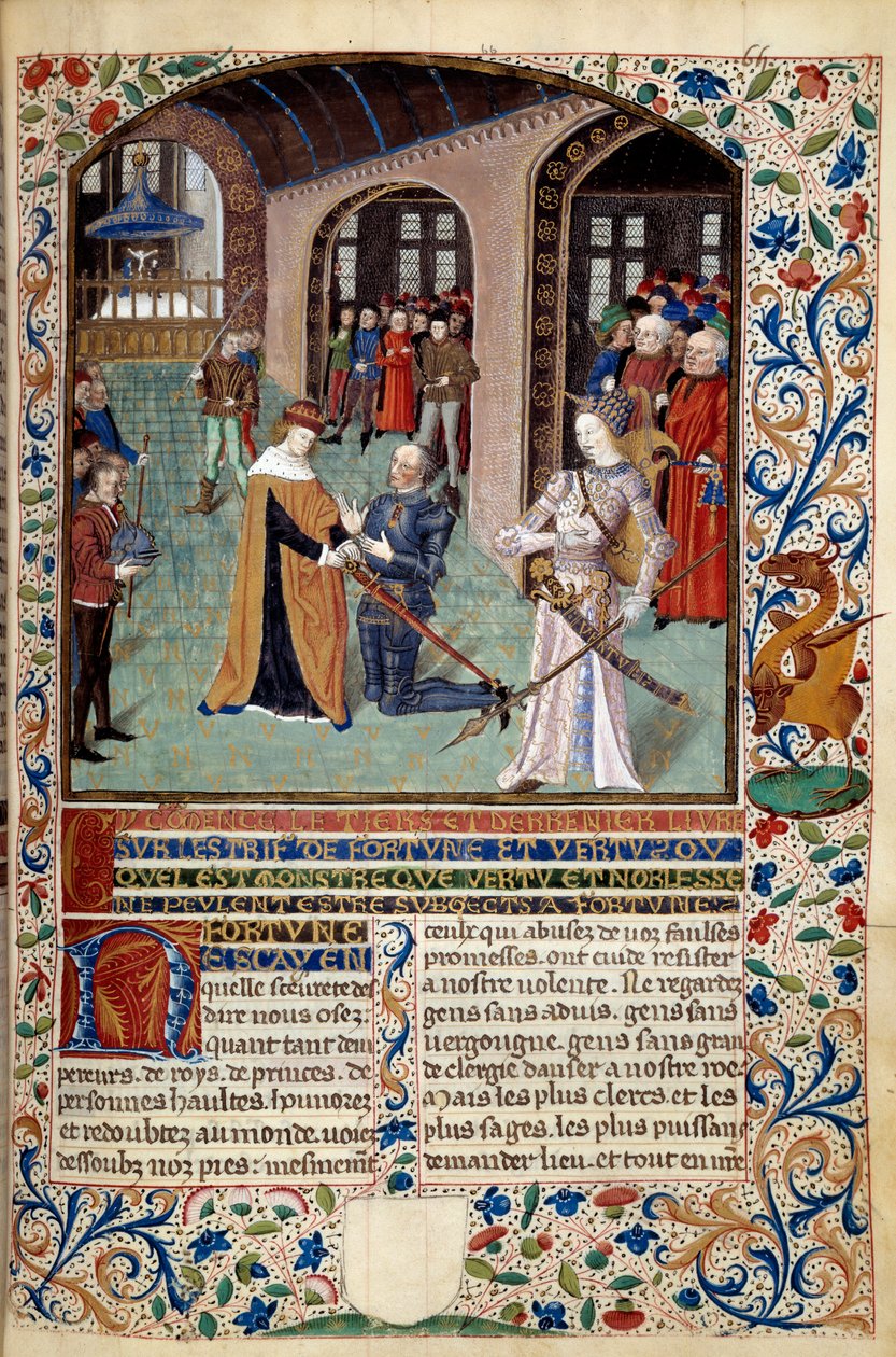Alegoria da Virtude: vassalo prestando homenagem ao seu senhor na presença da Virtude. Miniatura de "O Espírito da Fortuna e da Virtude" de Martin Le Franc (1410-1461) 1447-1448, Paris B.N. de Martin Le Franc
