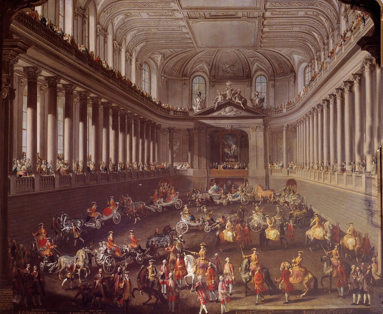 Carrossel do manège espanhol de Viena para celebrar a derrota francesa em Praga em 1763, Marie Therese da Áustria (1717-1780) está representada no cavalo branco Pintura da escola de Martin Meytens (1695-1770) Viena do século XVIII. Kunsthistorische Mus de Martin Meytens the Younger