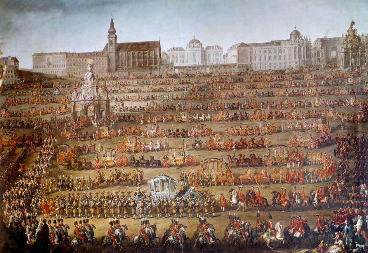 Entrada de Maria Isabel de Bourbon Parma (1741-1763) em Viena por ocasião do seu casamento com o Imperador José II da Áustria (1741-1790), ao fundo, a igreja dos Agostinhos e a biblioteca da corte Um grande cortejo é organizado através de Martin Meytens the Younger