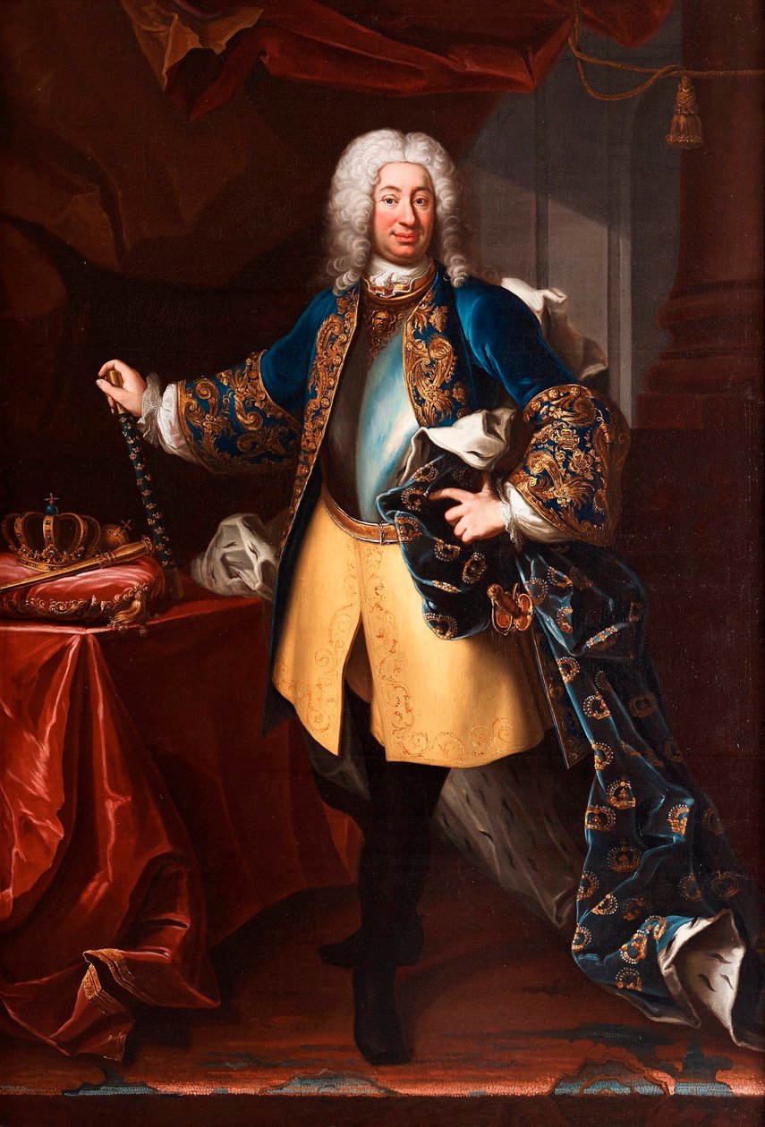 Retrato de Frederic I (Frederick I) (1676-1751) roi de Suede et prince de Finlande (Retrato do Rei Frederick I da Suécia (1676-1751)) Peinture de Martin Meytens dit le jeune (1695-1770), ca 1730 - Óleo sobre tela, 234x158 - Coleção Particular de Martin Meytens the Younger