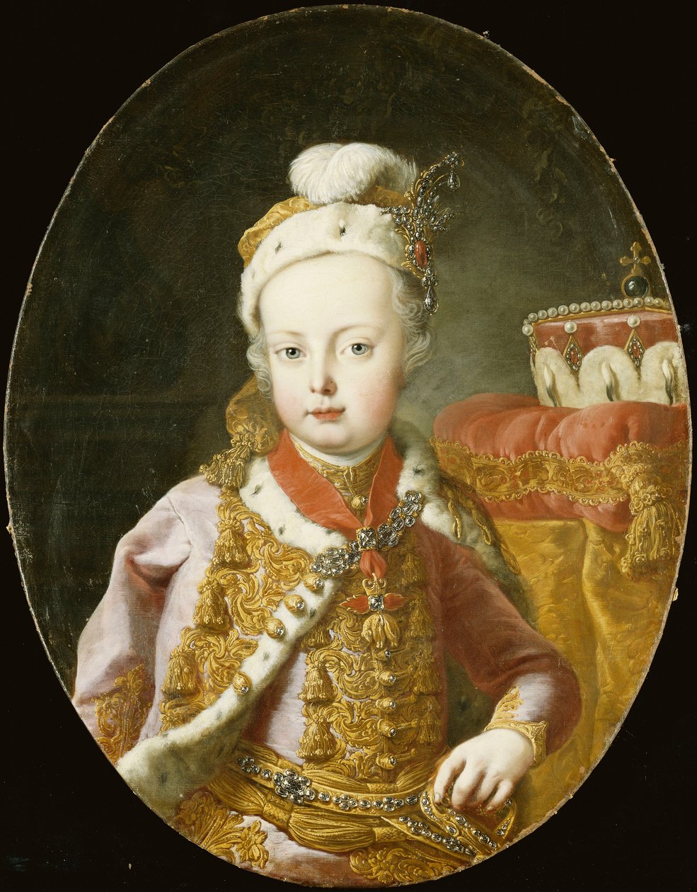 Retrato do arquiduque José, mais tarde imperador José II da Áustria, meio comprimento, em uma jaqueta de veludo rosa bordada a ouro com guarnição de arminho, um boné de penas adornado com broche e vestindo a ordem do tosão de ouro, de Martin Meytens the Younger