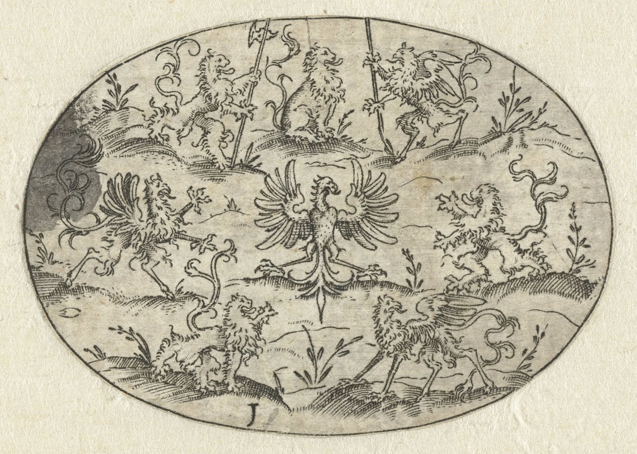 Oval com águia rodeada de leões e criaturas de fantasia
Nev Thier Bvechlein (título da série) de Martin Pleginck