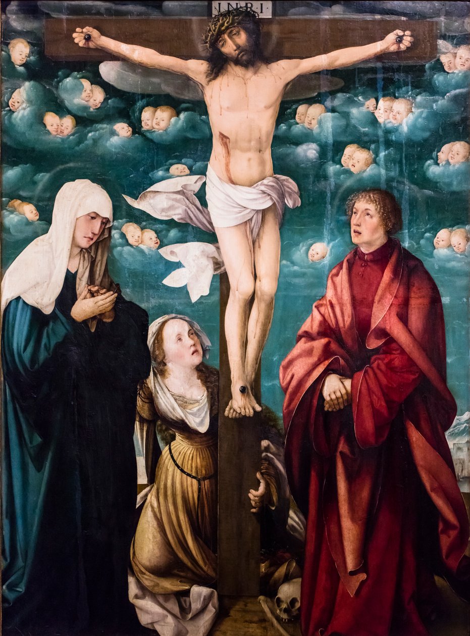 Crucifixão com a Virgem Maria, Santa Maria Madalena e São João Evangelista, cerca de 1525-1530 (têmpera e óleo sobre abeto) de Martin Schaffner