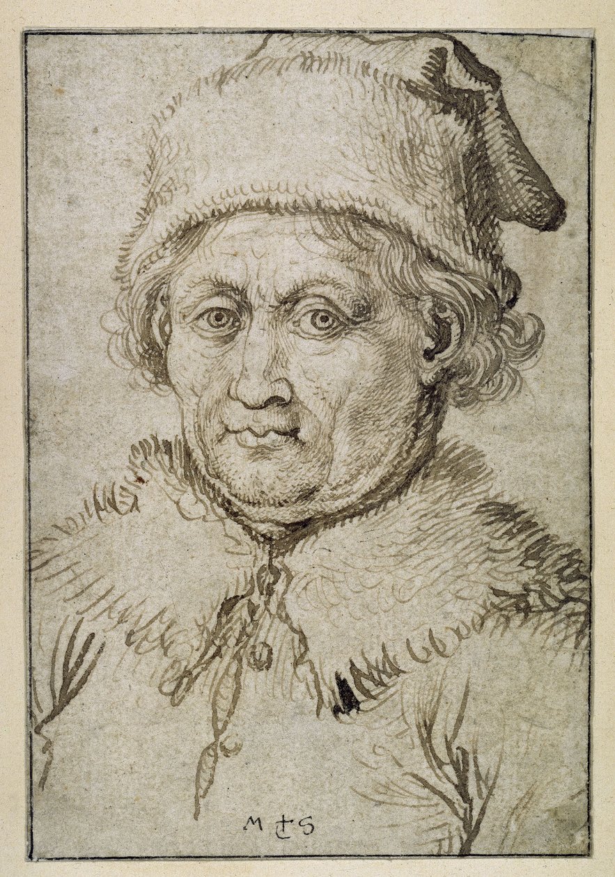 Retrato de busto de um velho com gola de pele e gorro de pele de Martin Schongauer