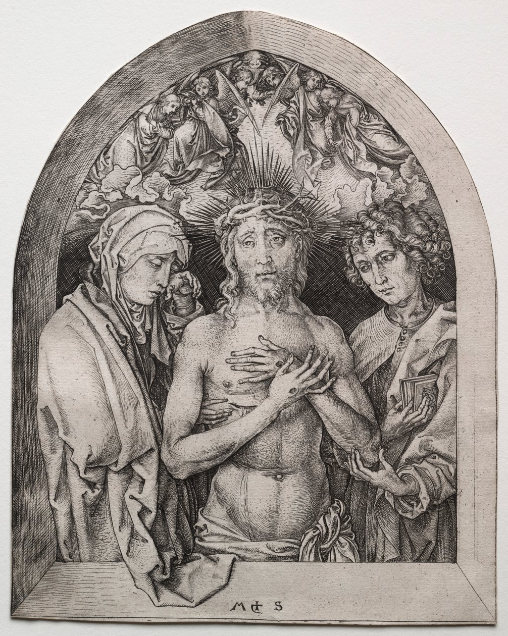 Cristo como o Homem das Dores entre a Virgem e São João de Martin Schongauer