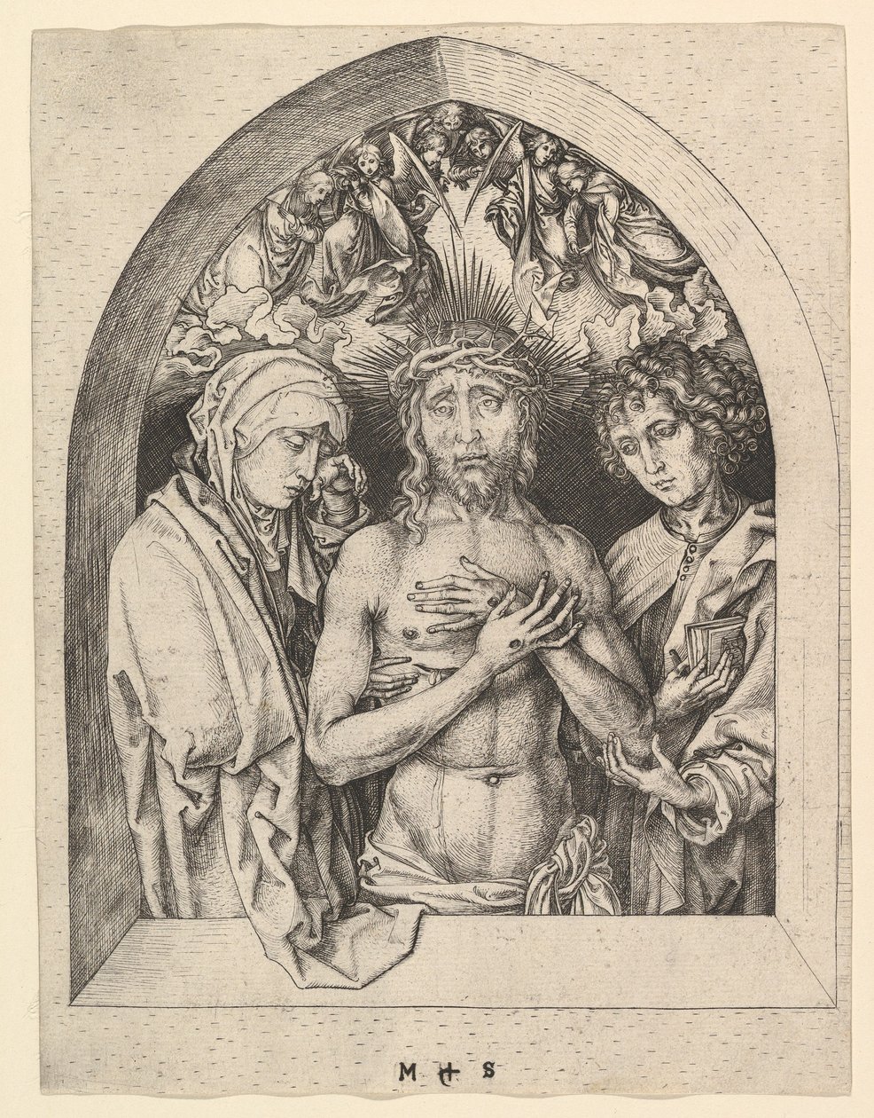 Cristo como o homem das dores com a Virgem e São João, ca. 1435-1491. de Martin Schongauer