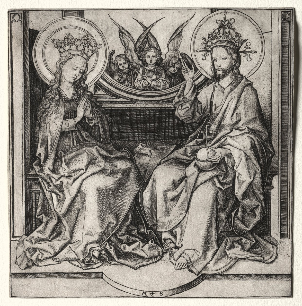 Deus Pai e a Santíssima Virgem Entronizada, Assistida por Anjos, c. 1480-90. de Martin Schongauer
