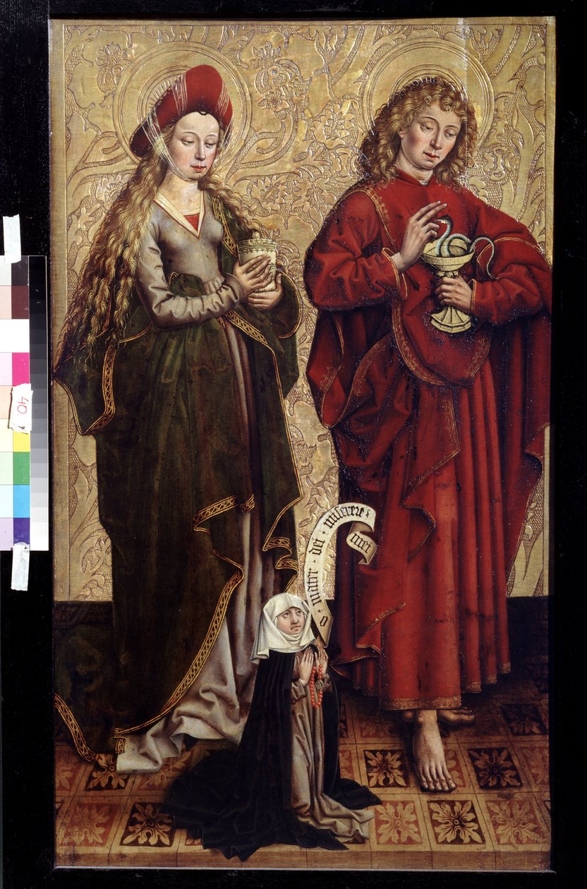 João, o apóstolo, Maria Madalena e doadora. Pintura de Martin Schongauer (por volta de 1445 ou 1450-1491). óleo sobre madeira de Martin Schongauer