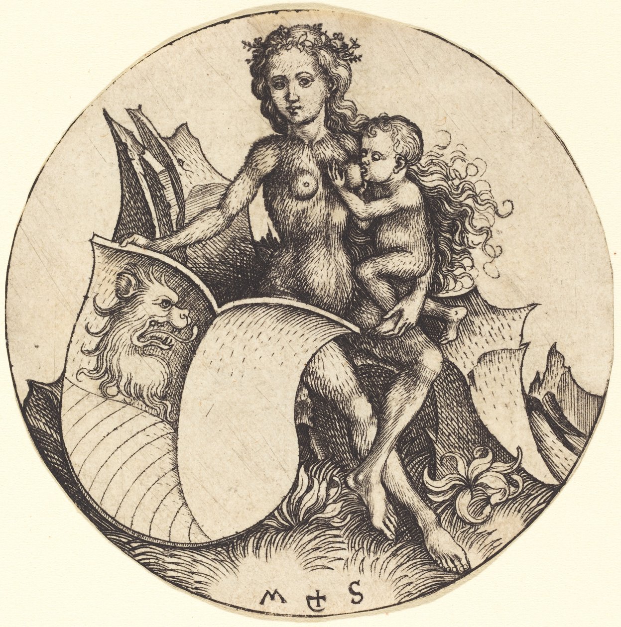 Escudo com cabeça de leão, segurado pela mulher selvagem de Martin Schongauer