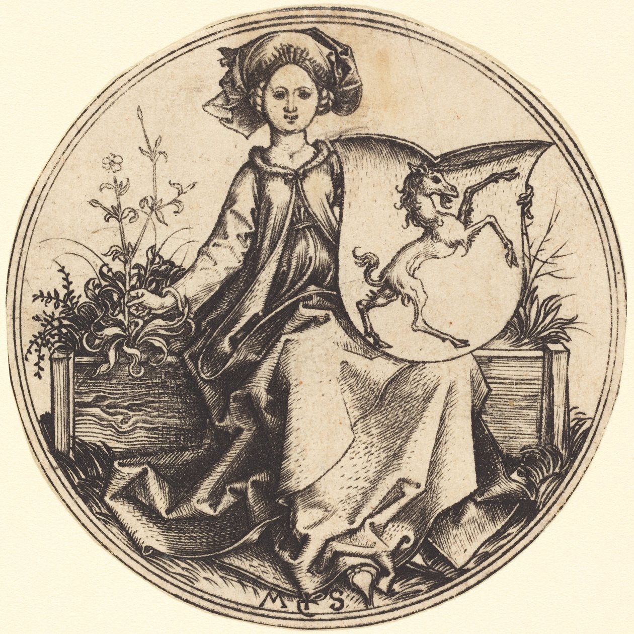 Escudo com unicórnio, segurado por uma mulher de Martin Schongauer