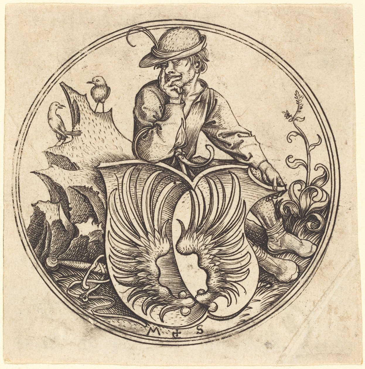 Escudo com asas, segurado pelo camponês de Martin Schongauer