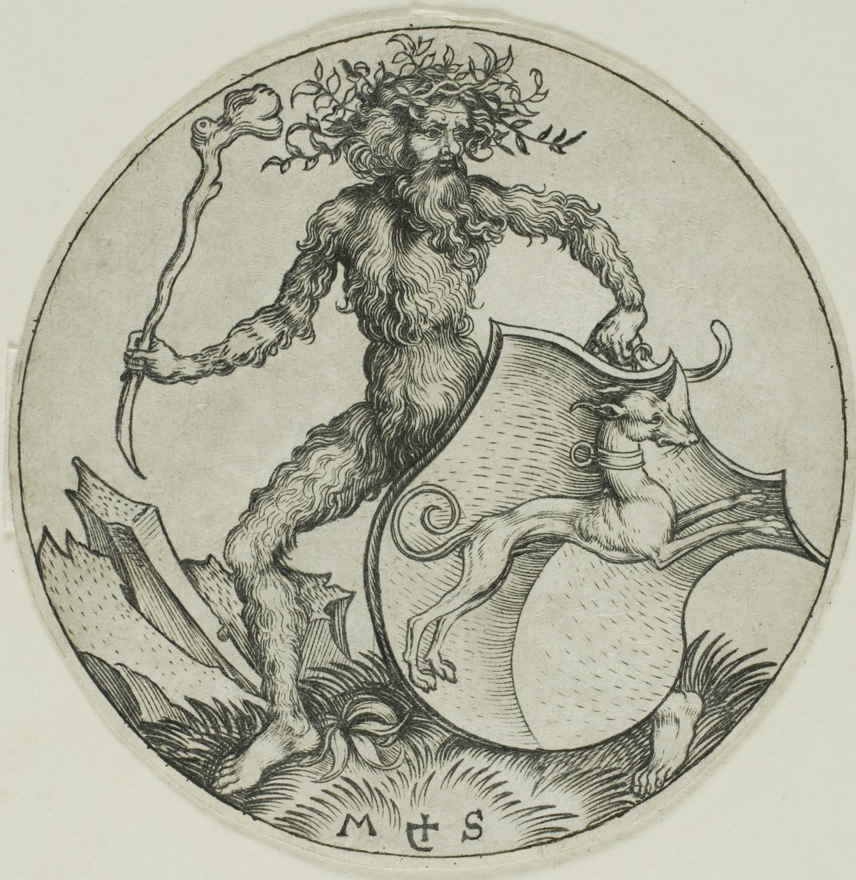 Escudo com um galgo, agarrado por um homem selvagem de Martin Schongauer