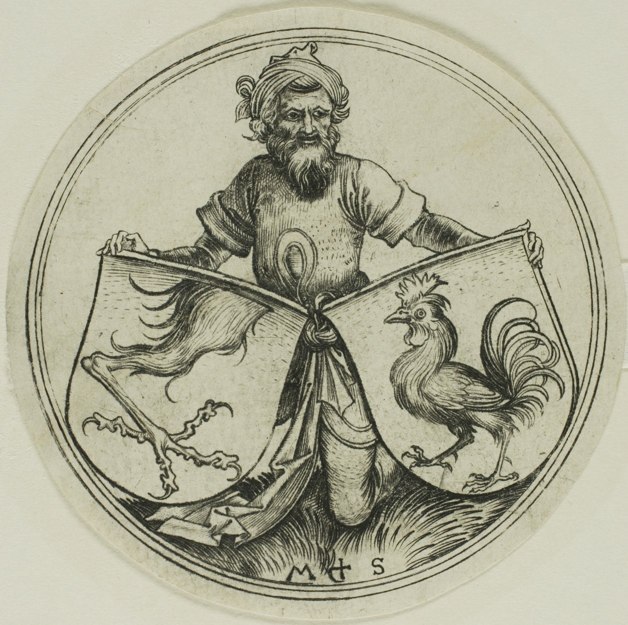 Escudo com uma pata de grifo e escudo com um galo segurado por um mouro de Martin Schongauer