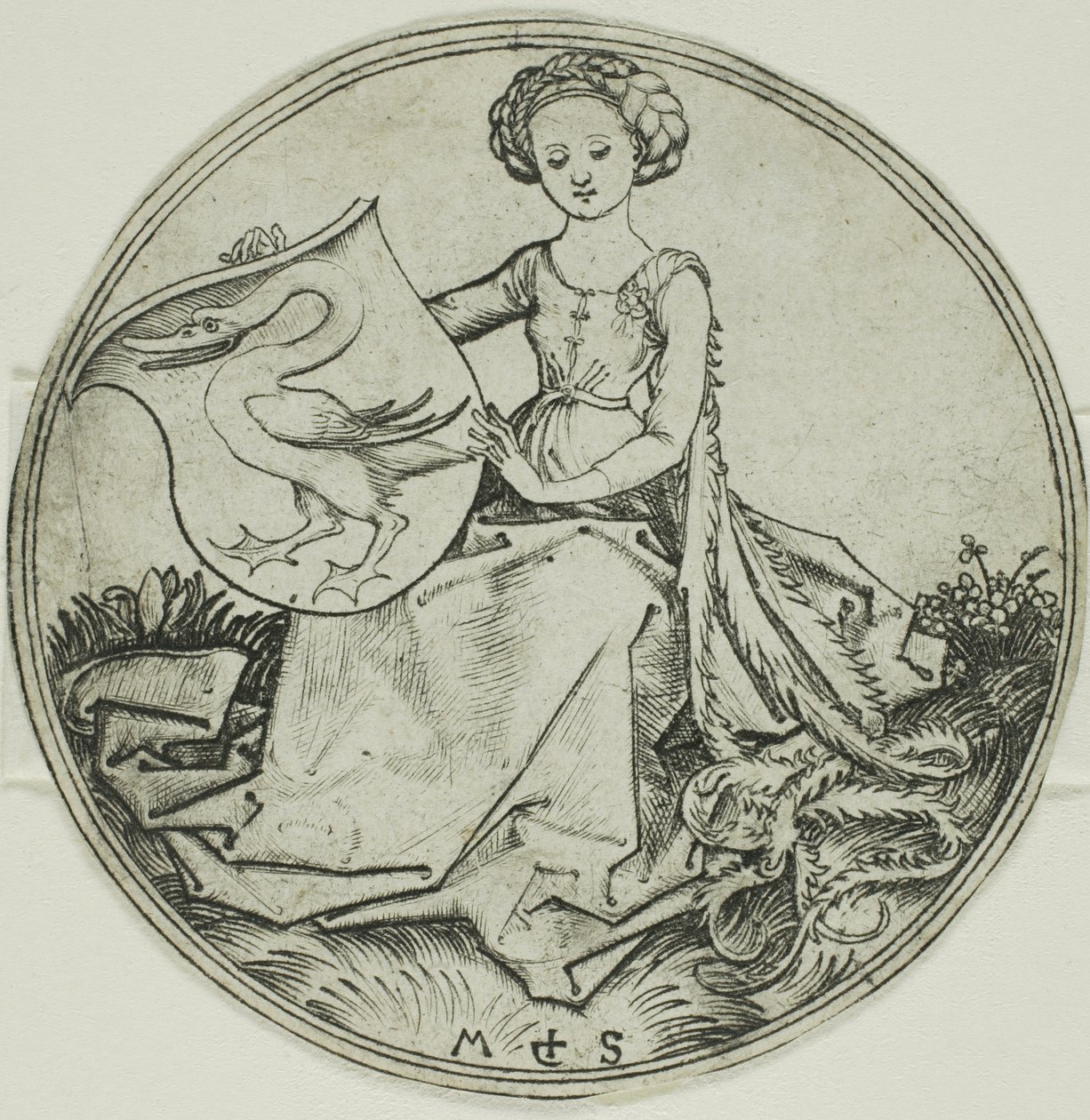 Escudo com um cisne, segurado por uma senhora sentada de Martin Schongauer