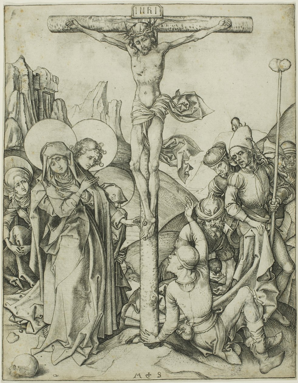 A Crucificação com as Santas Mulheres, São João e os Soldados Romanos de Martin Schongauer