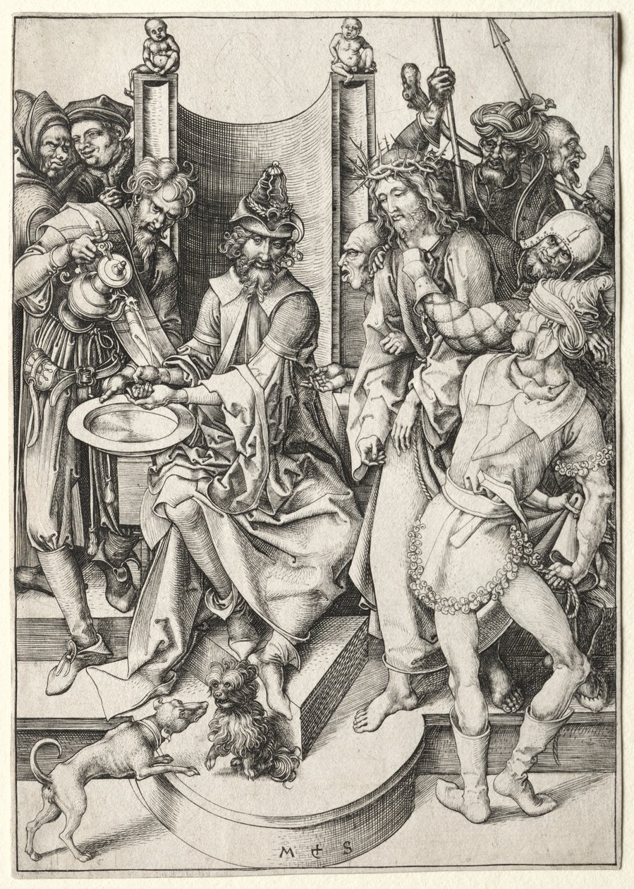A paixão: Cristo antes de Pilatos. de Martin Schongauer