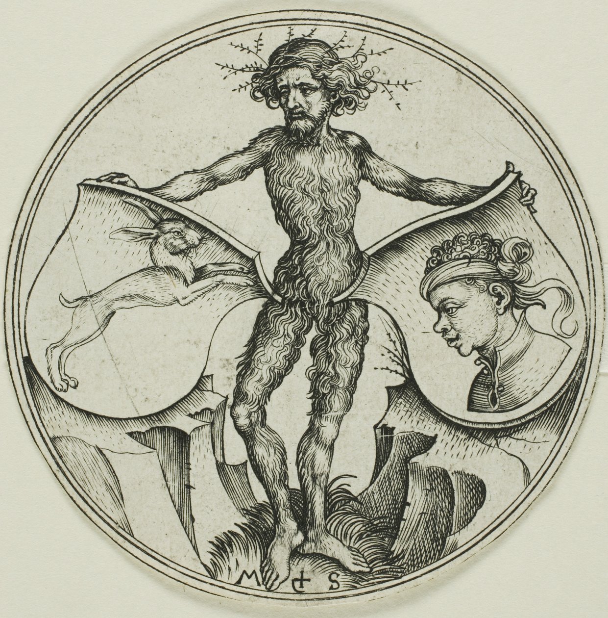 Dois escudos com uma cabeça de lebre e uma cabeça de mouro, segurados por um homem selvagem de Martin Schongauer