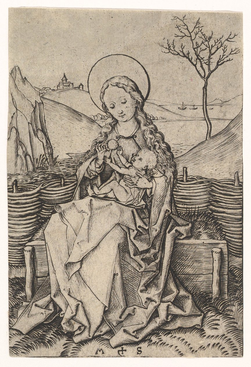Virgem e criança em um banco gramado, ca. 1435-1491. de Martin Schongauer