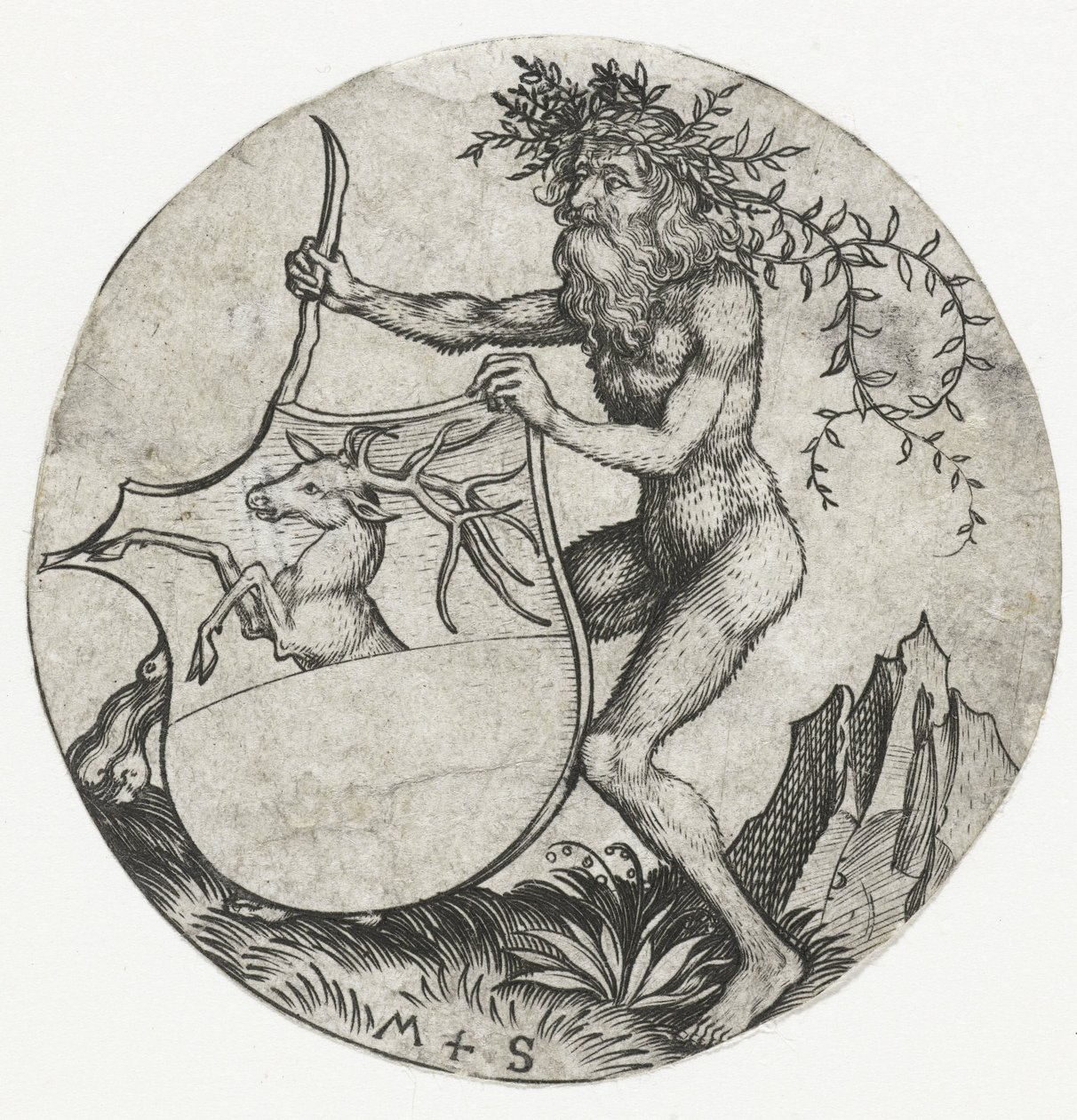Brasão com um veado, segurado por um homem selvagem com um clube Figuras com brasões (título da série) de Martin Schongauer