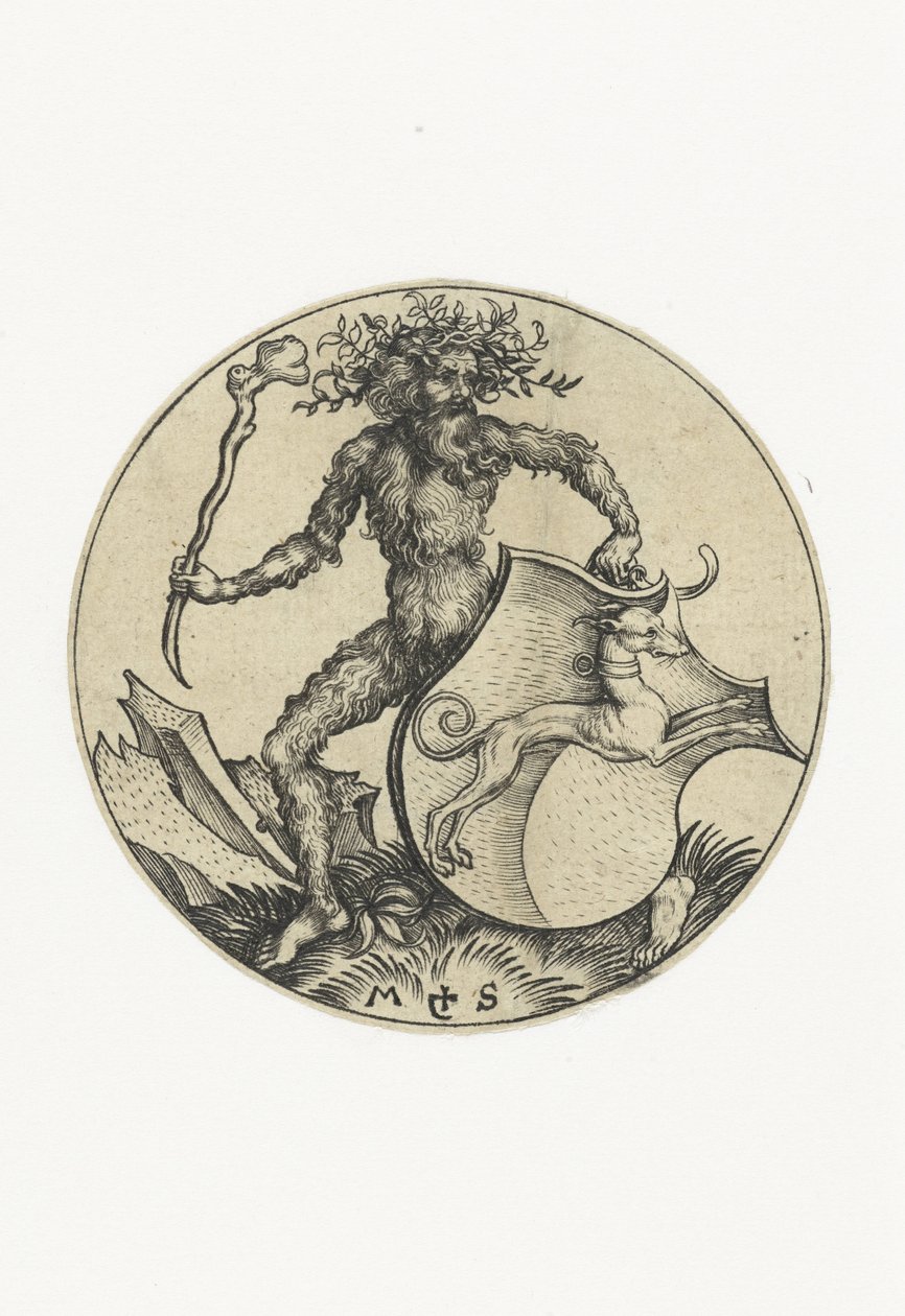 Brasão de armas com um cão segurado por um homem selvagem com um clube
Figuras com brasões de armas (título da série) de Martin Schongauer