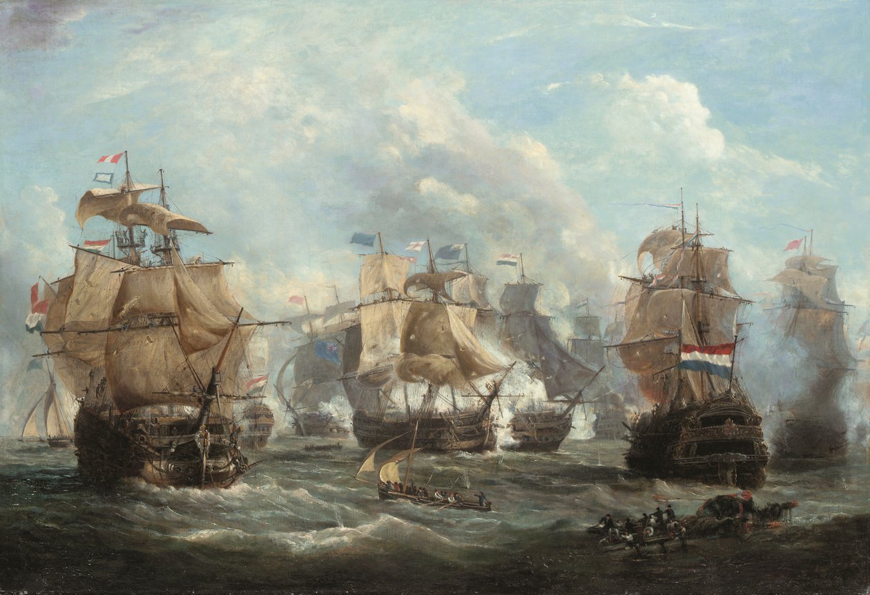 O navio-estandarte inglês Venerable a envolver o navio-estandarte holandês Vrijheid na Batalha de Camperdown de Martin Schouman