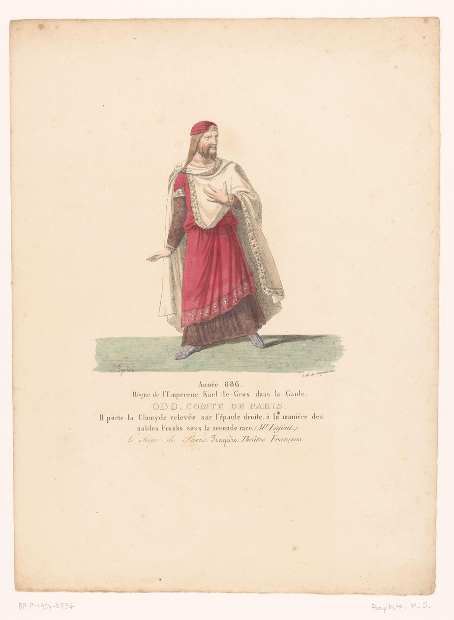 Kostuum van Odo I, koning van West-Francië uit de tragedie O Cerco de Paris Odo, Conde de Paris (título no objeto) Theaterkostuums (título da série) Teatro Francês: coleção de figurinos de MM. J. Alaux e L. Duponchel dos desenhos manuscritos do de Martin Sylvestre Baptiste