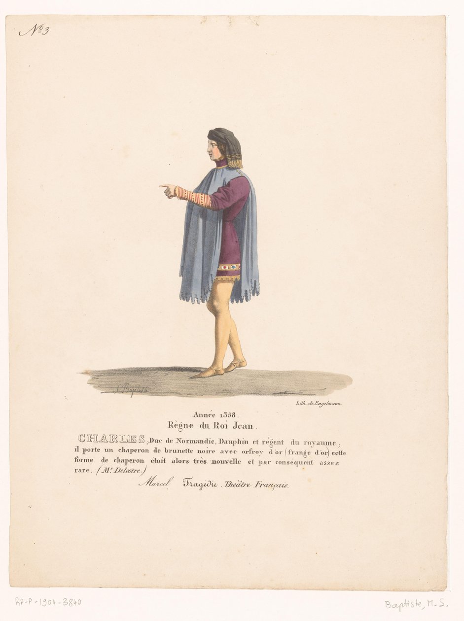 Kostuum van de dauphin Karel van Valois uit de tragedie Marcel Carlos, Duque da Normandia (título no objeto) Theaterkostuums (título da série) Teatro Francês: coleção de figurinos de MM. J. Alaux e L. Duponchel de desenhos manuscritos na Bibliot de Martin Sylvestre Baptiste