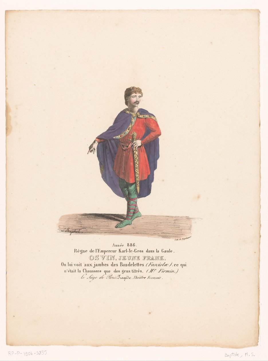 Kostuum van de jonge Frank Osvin uit de tragedie Le Siège de Paris
Osvin, jovem Frank (título sobre o objecto)
Theaterkostuums (título da série)
O Teatro Francês: uma colecção de trajes de MM. J. Alaux e L. Duponchel após os desenhos dos manuscritos da  de Martin Sylvestre Baptiste