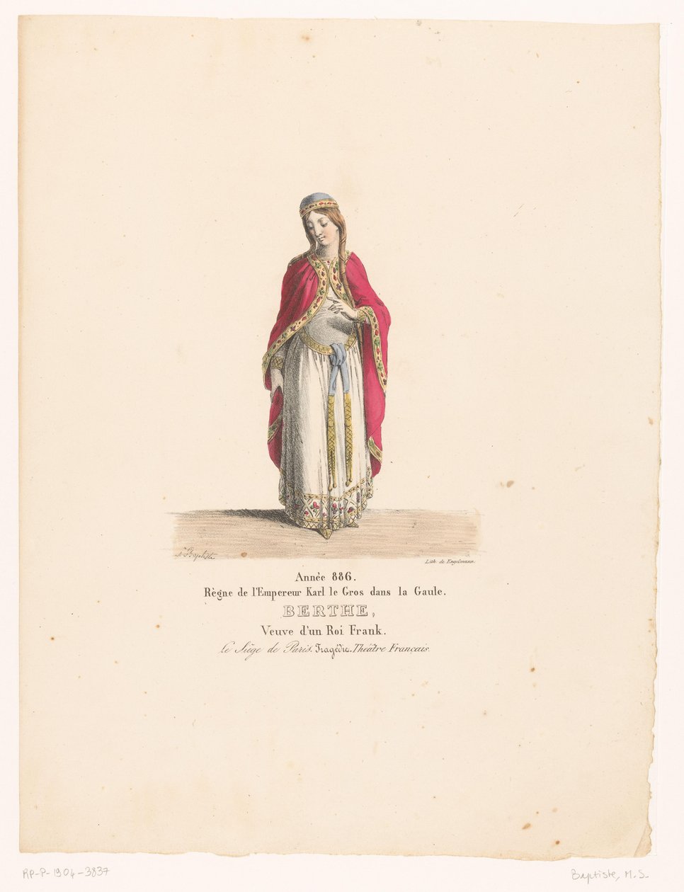 Kostuum van koningin Berthe uit de tragedie O cerco de Paris Berthe (título no objeto) Theaterkostuums (título da série) Teatro Francês: coleção de figurinos de MM. J. Alaux e L. Duponchel com base em desenhos manuscritos da Bibliothèque de la Comédie- de Martin Sylvestre Baptiste