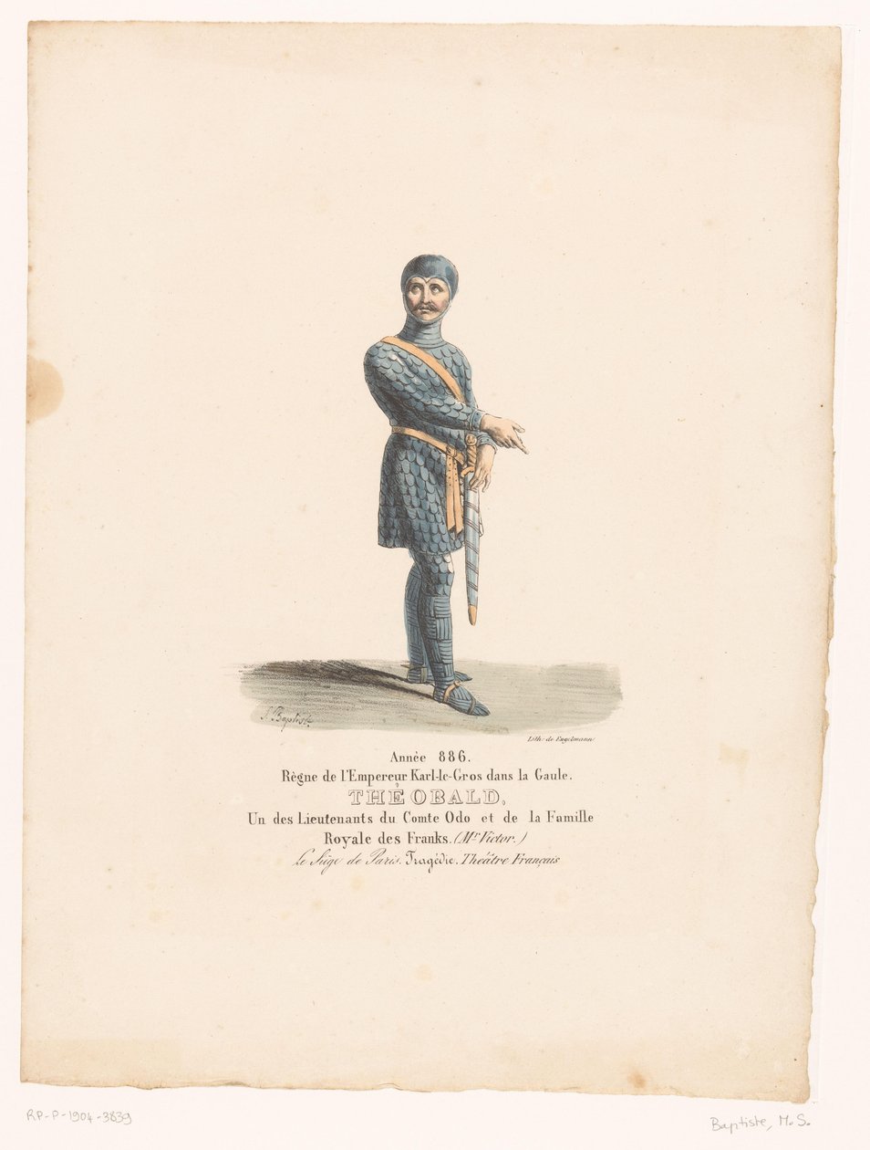 Kostuum van Ridder Théobald uit de tragedie O Cerco de Paris Theobald (título no objeto) Theaterkostuums (título da série) Teatro Francês: coleção de figurinos de MM. J. Alaux e L. Duponchel de desenhos manuscritos na Comédie Library de Martin Sylvestre Baptiste