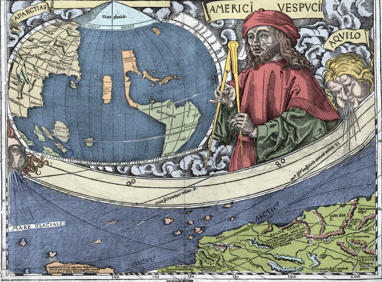 VESPUCCI, Amerigo (1454-1512). Explorador italiano e cartografia em "Waldseemuller map ou Universalis Cosmographia - (Cosmografia Universal) - Waldseemuller Planisphere" - 1507 - de Martin Waldseemuller
