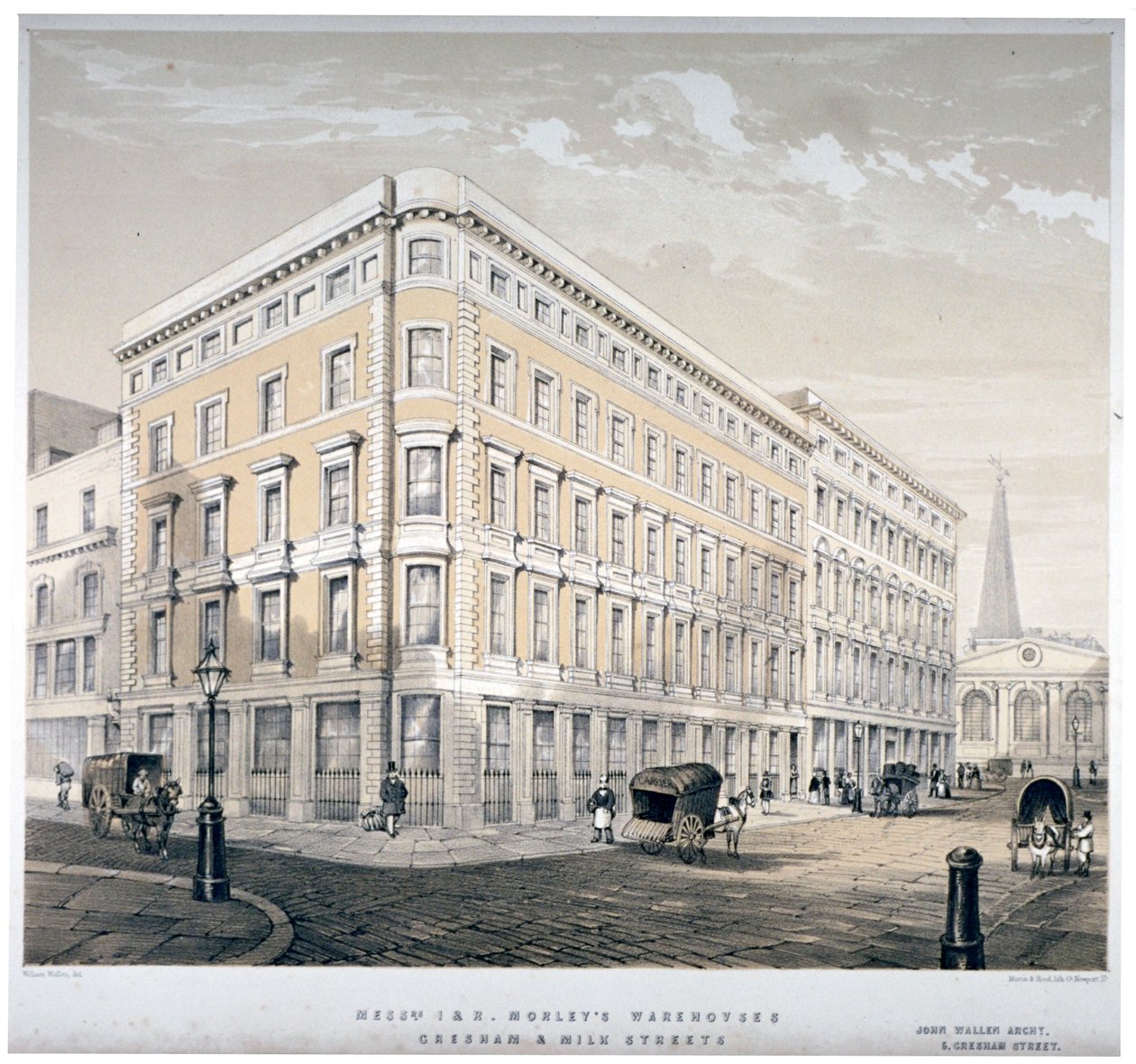 Armazéns dos Srs. J&R Morley, esquina da Milk Street e Gresham Street, Londres, c1840 de Martin and Hood