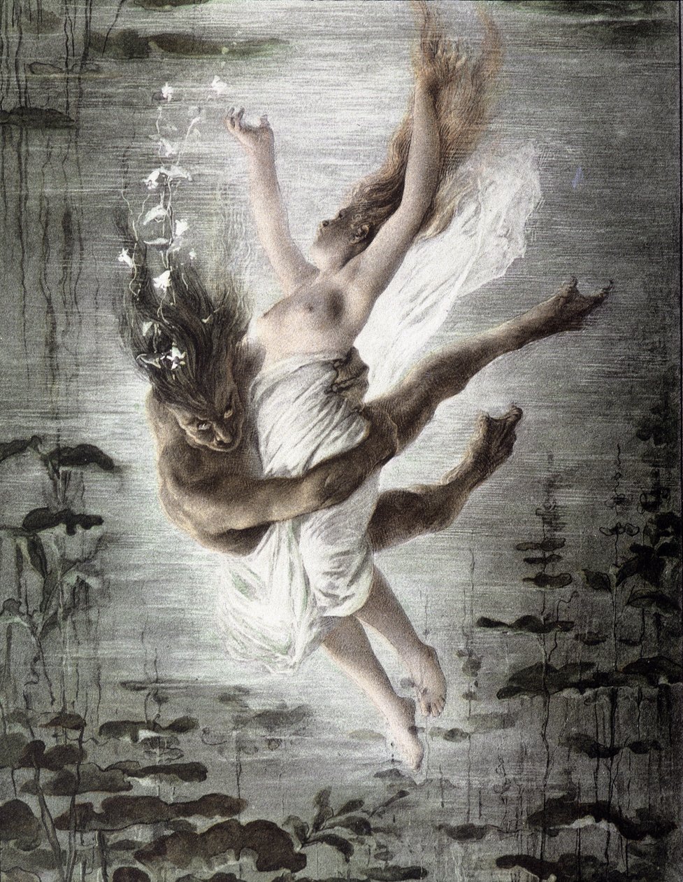 Monstro marinho raptando uma jovem mulher (detalhe de 14299), "Allegorien", Martin Gerlach, c. 1900. de Martin senior Gerlach