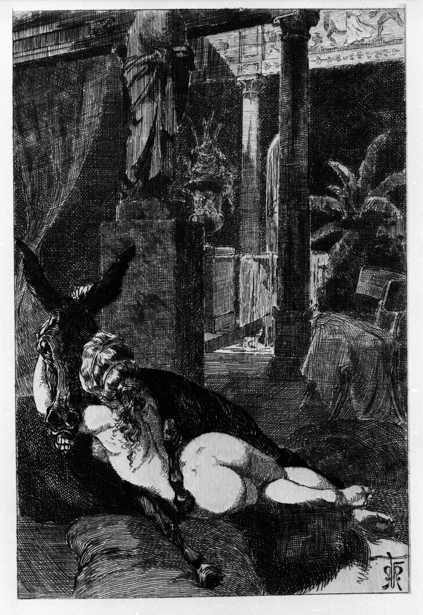 Lucius transforma-se num burro por acidente. Metamorfoses (Burro Dourado ou Asinus aureus), romance escrito por Apulee (Lucius Apuleius) (cerca de 125-around 180) no século II. Água de Etching, de Martin Van Maele de Martin van Maele