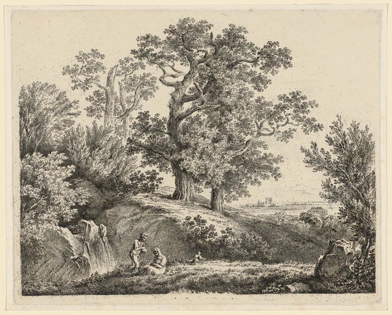 Paisagem com uma cachoeira e uma família descansando de Martin von Molitor