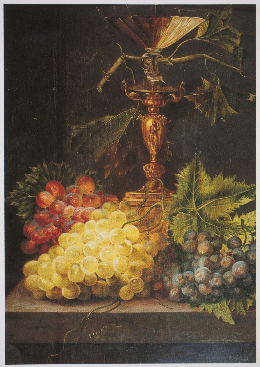 Recorte de uma natureza morta com uma tigela e um cacho de uvas de Martina Adriana Maria van Toulon