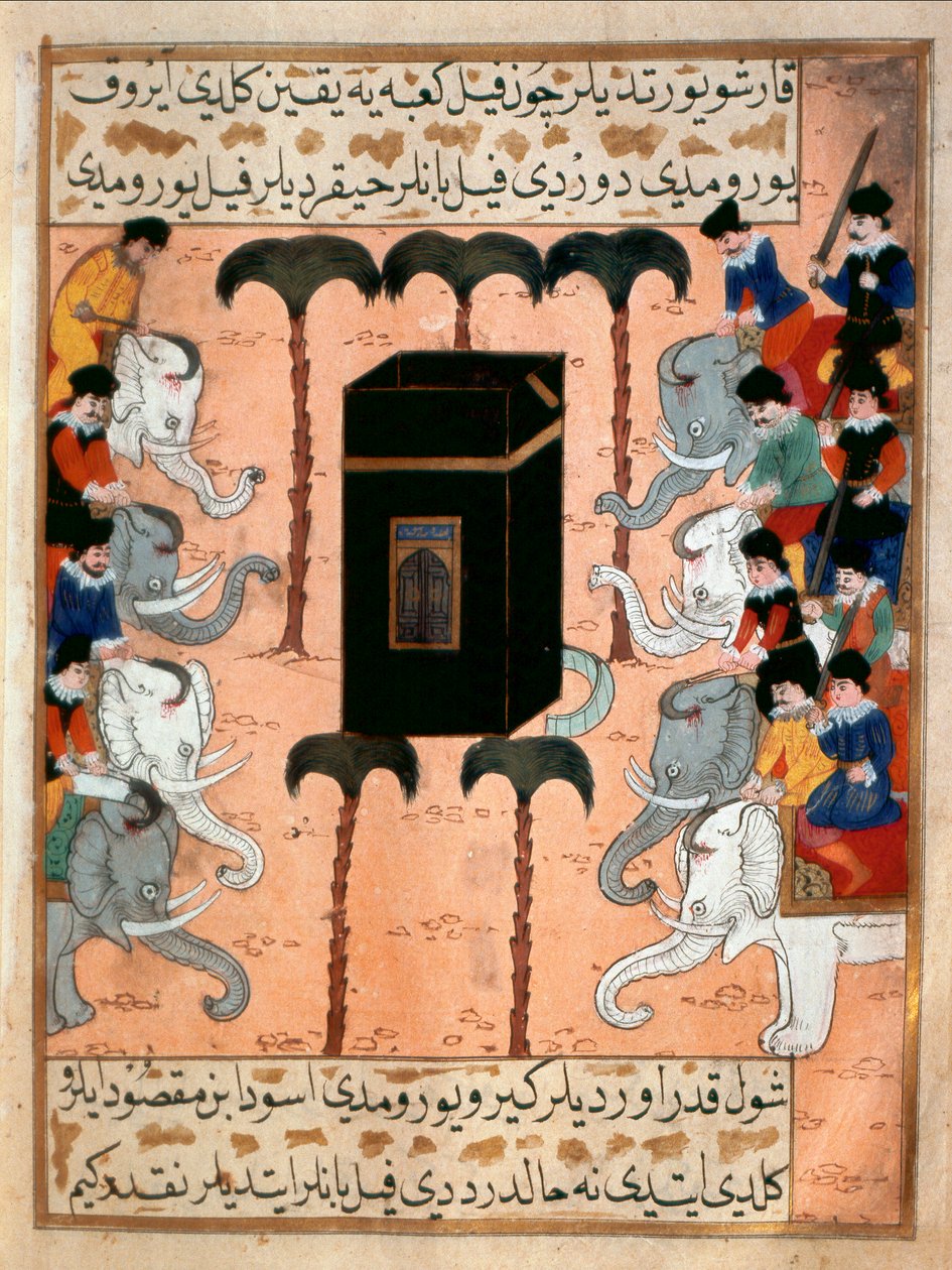 O líder cristão da Etiópia tenta destruir o Kaaba com os seus braços de elefantes em miniatura tirados de "Siyer-i Nebi" (Siyer i Nebi) poema épico sobre a vida do profeta Muhammad Era escrito por Mustafa, filho de Yusuf d
