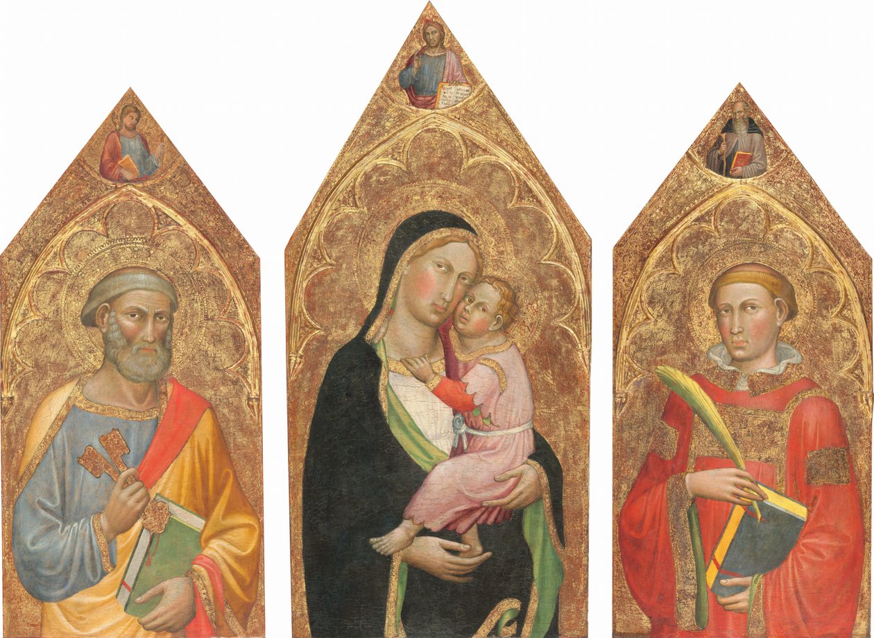 Madonna and Child with the Blessing Christ, and Saints Peter, James Major, Anthony Abbott, and a Deacon Saint [tríptico inteiro] de Martino di Bartolomeo