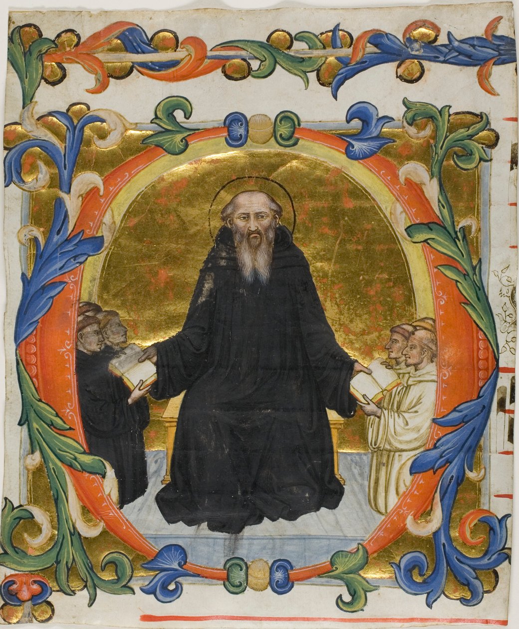 São Bento Apresentando sua Regra aos monges beneditinos e cistercienses em uma inicial historiada "O" de um livro de coro de Martino di Bartolomeo di Biagio