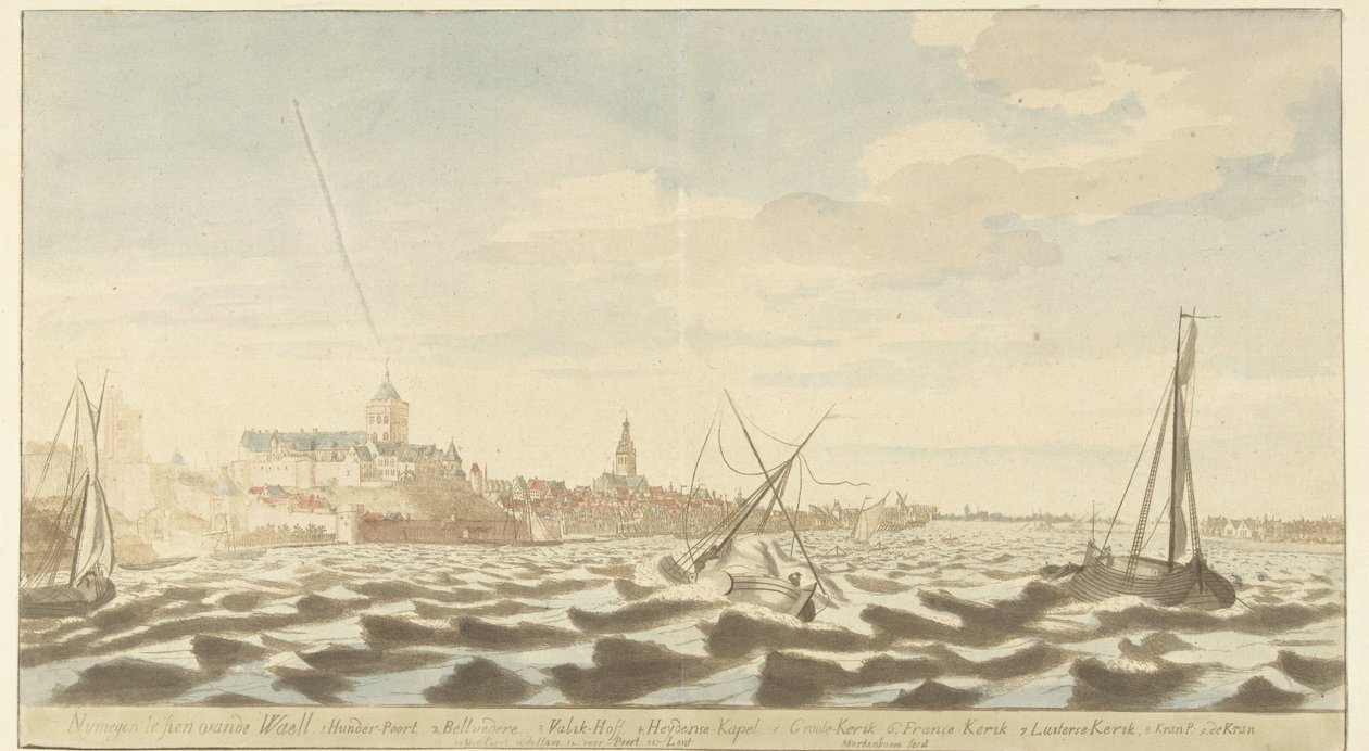 Vista de Nijmegen do rio Waal
Nymegen te sien vande Waell (título sobre o objecto) de Martinus Berkenboom