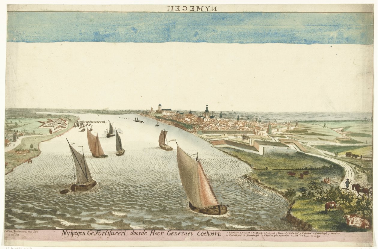 Vista das fortificações em Nijmegen, no rio Waal
Nymegen Fortificado pelo Senhor Generael Coehoorn (título sobre o objecto) de Martinus Berkenboom
