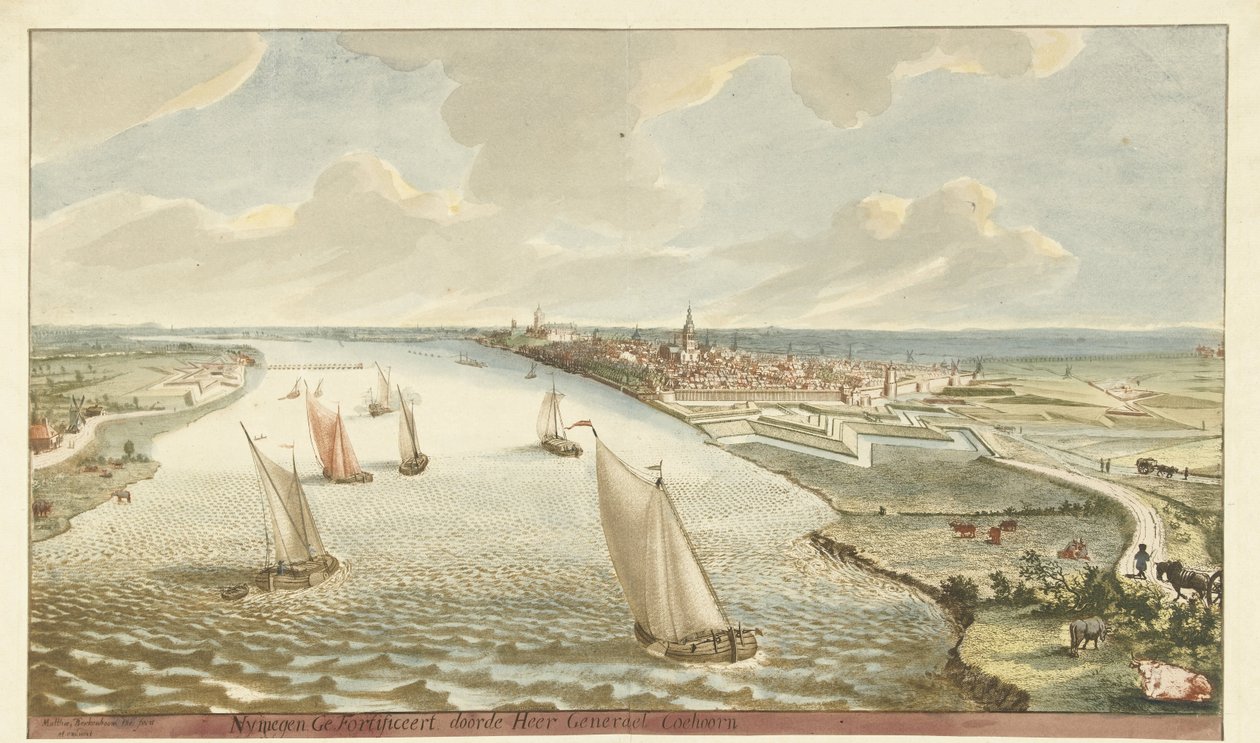 Vista das fortificações perto de Nijmegen no Waal Nymegen Fortificada por Sir General Coehoorn (título no objeto) de Martinus Berkenboom