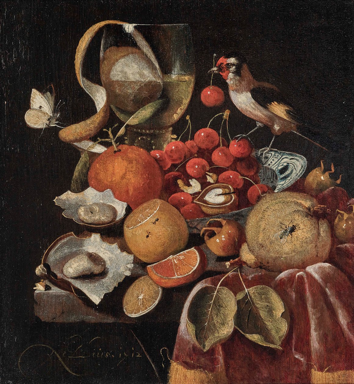 Natureza morta de frutos com um pintassilgo de Martinus Nellius