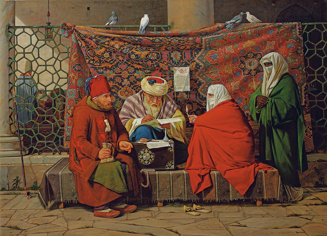 Um Notário Turco a Elaborar um Contrato de Casamento em frente à Mesquita Kilic Ali Pasha, Tophane, Cinstantinople de Martinus Rorbye